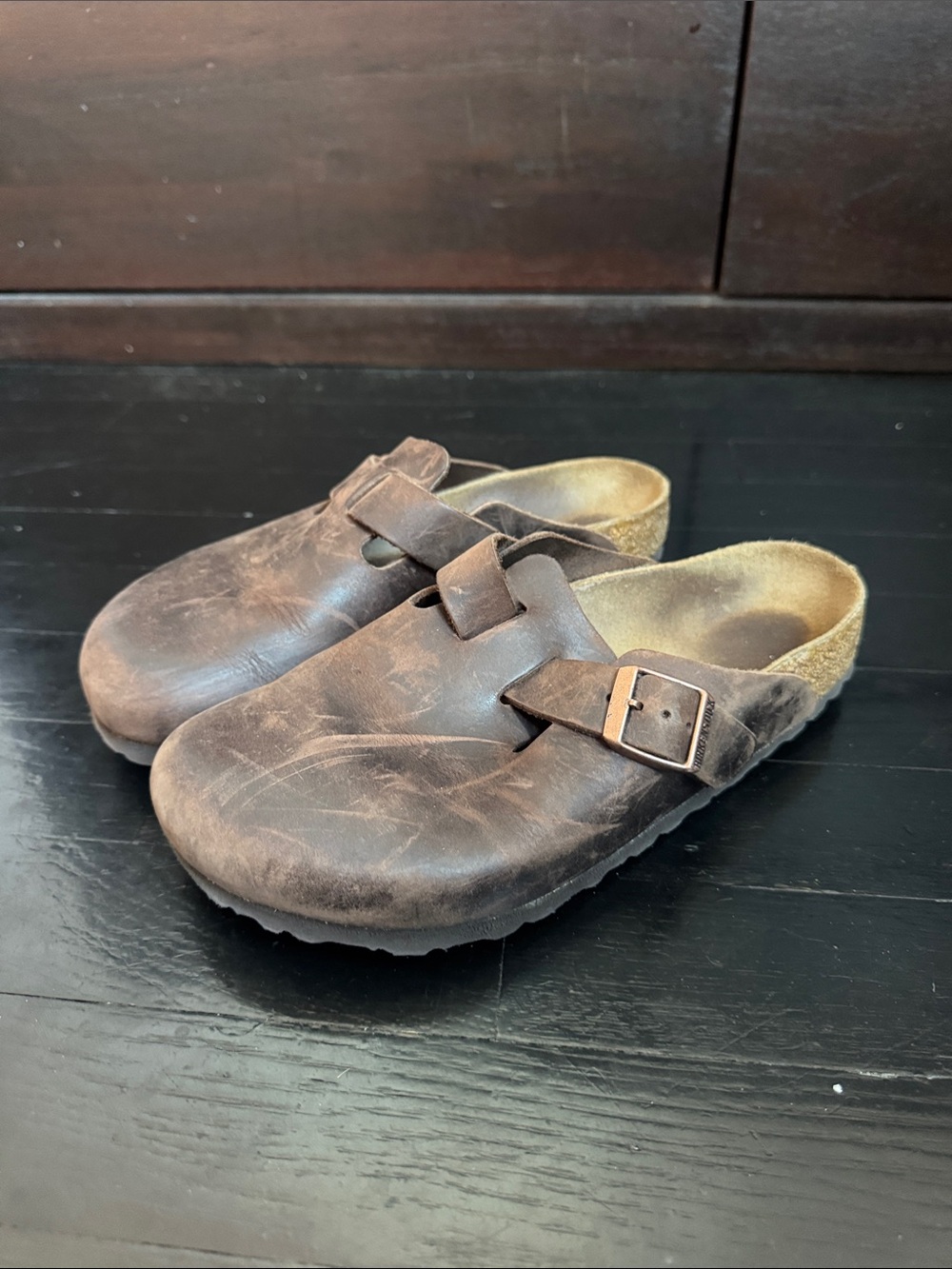 Birkenstock Brown Leather Boston Clogs with Buckle